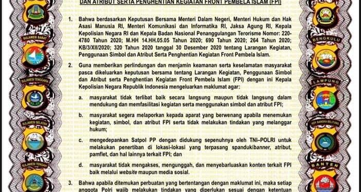 Terbitnya Maklumat Kapolri Soal Larangan Aktivitas FPI, Ini Imbauan Polda Sulut Bagi Masyarakat